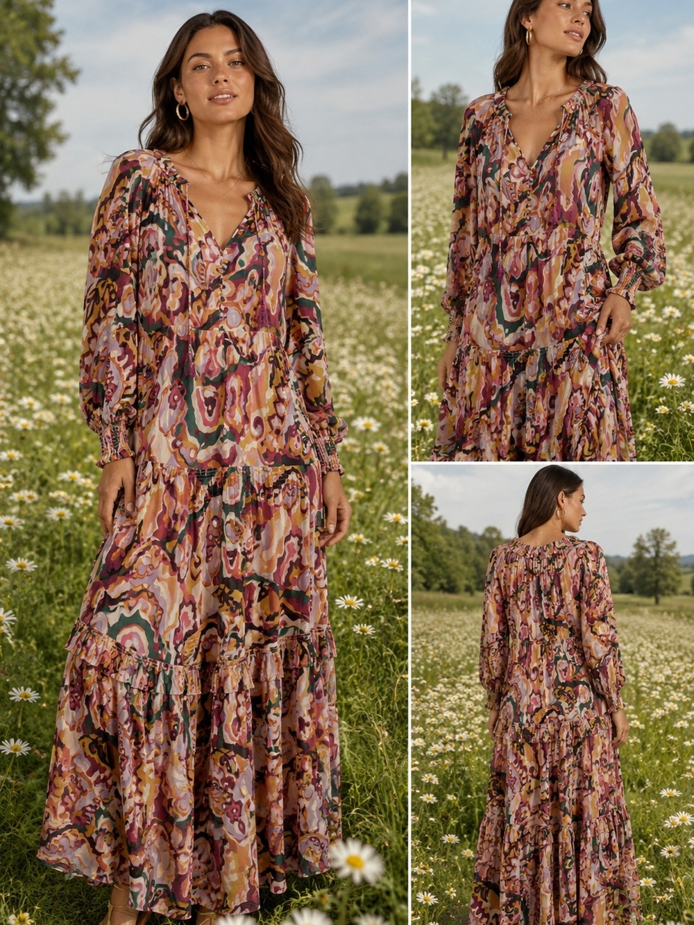 Anthropologie Marais Printed Chiffon Tiered Maxi Dress in Pink, Yellow & Purple